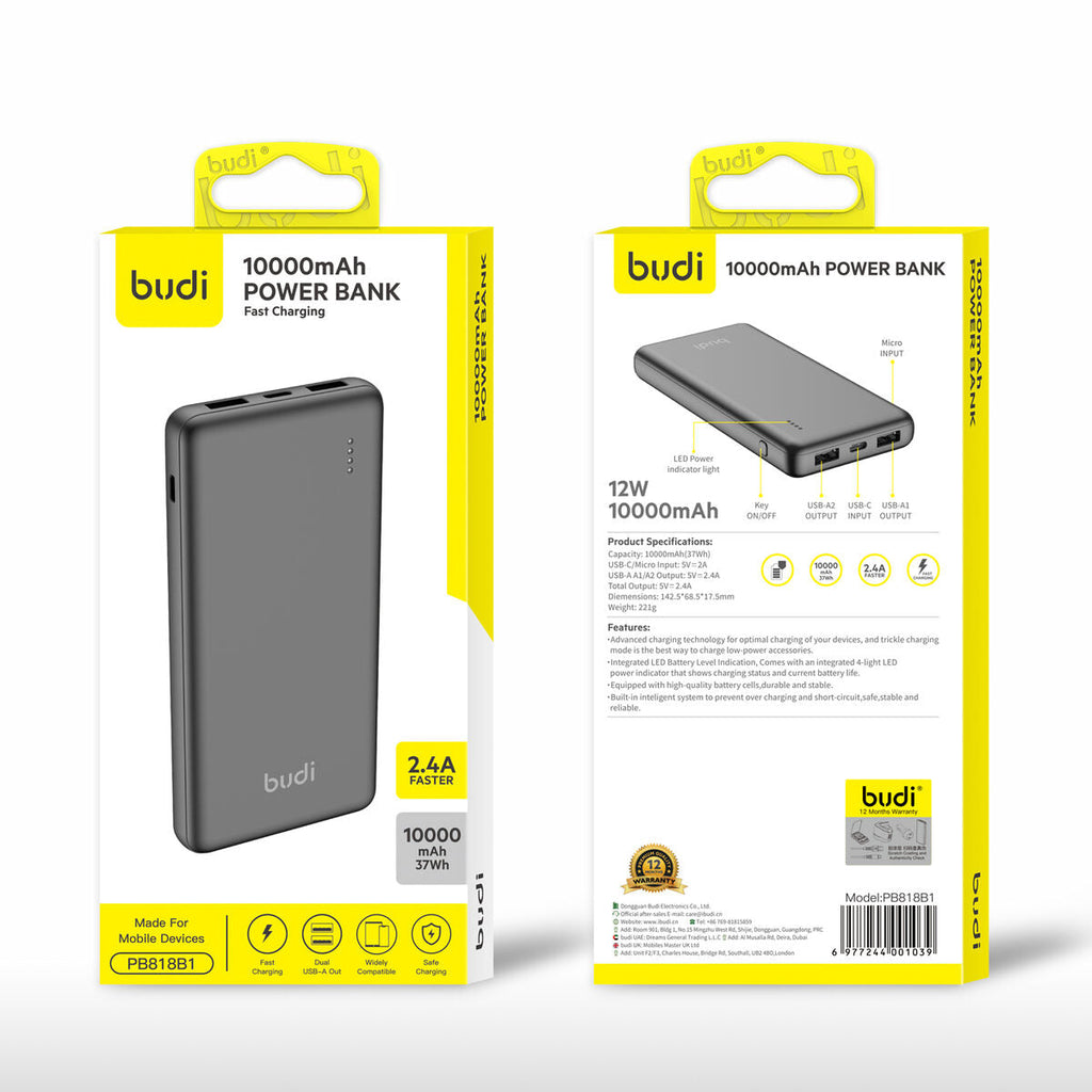 Budi PB818B1 — Powerbank 12W, 10000 mAh, zwart