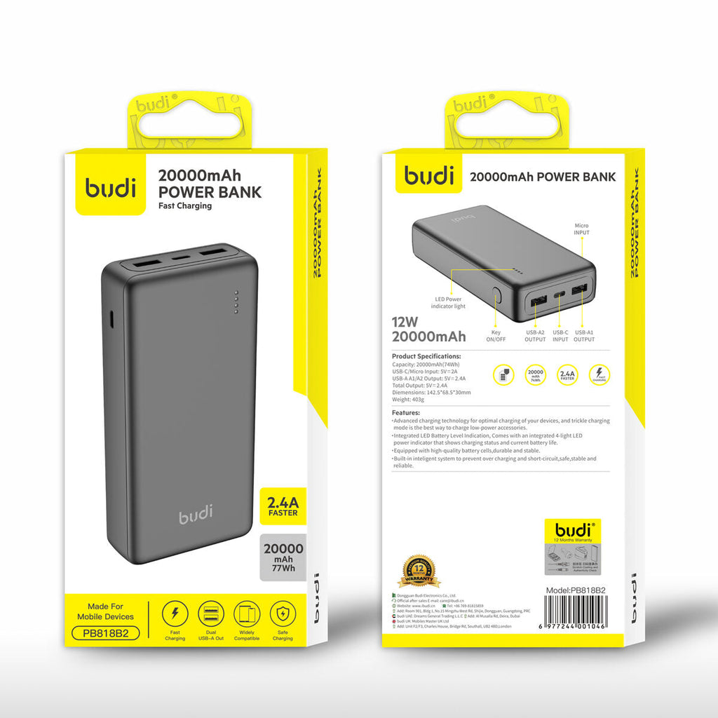 Budi PB818B2 — Powerbank 12W, 20000 mAh, zwart