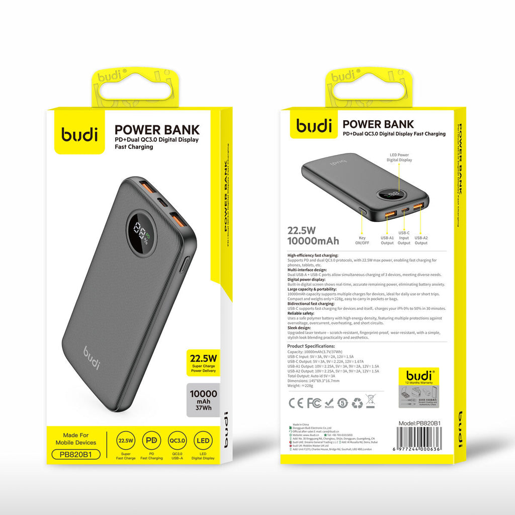 Budi PB820B1 — Powerbank 22.5W, 10000 mAh, zwart