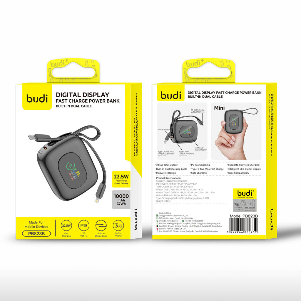 Budi PB823B — Powerbank 22.5W, 10000 mAh, zwart