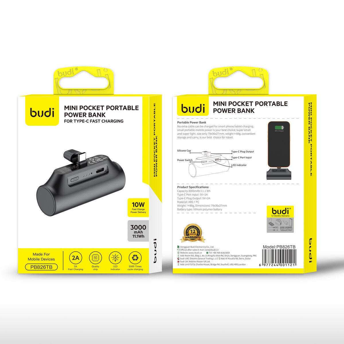 Budi PB826T — Powerbank 10W, 3000 mAh, wit / zwart