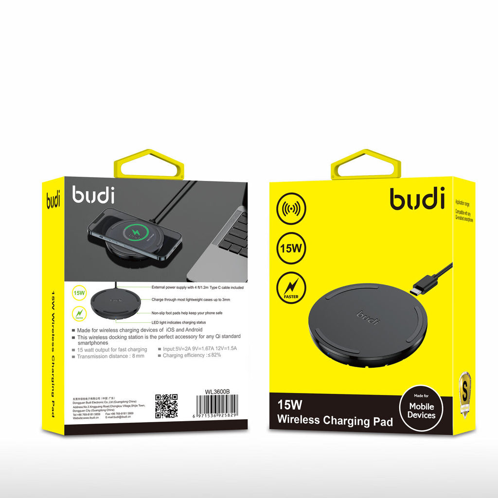 Budi WL3600B — Draadloze oplader USB-C naar USB-C, 15W, 1.2 m