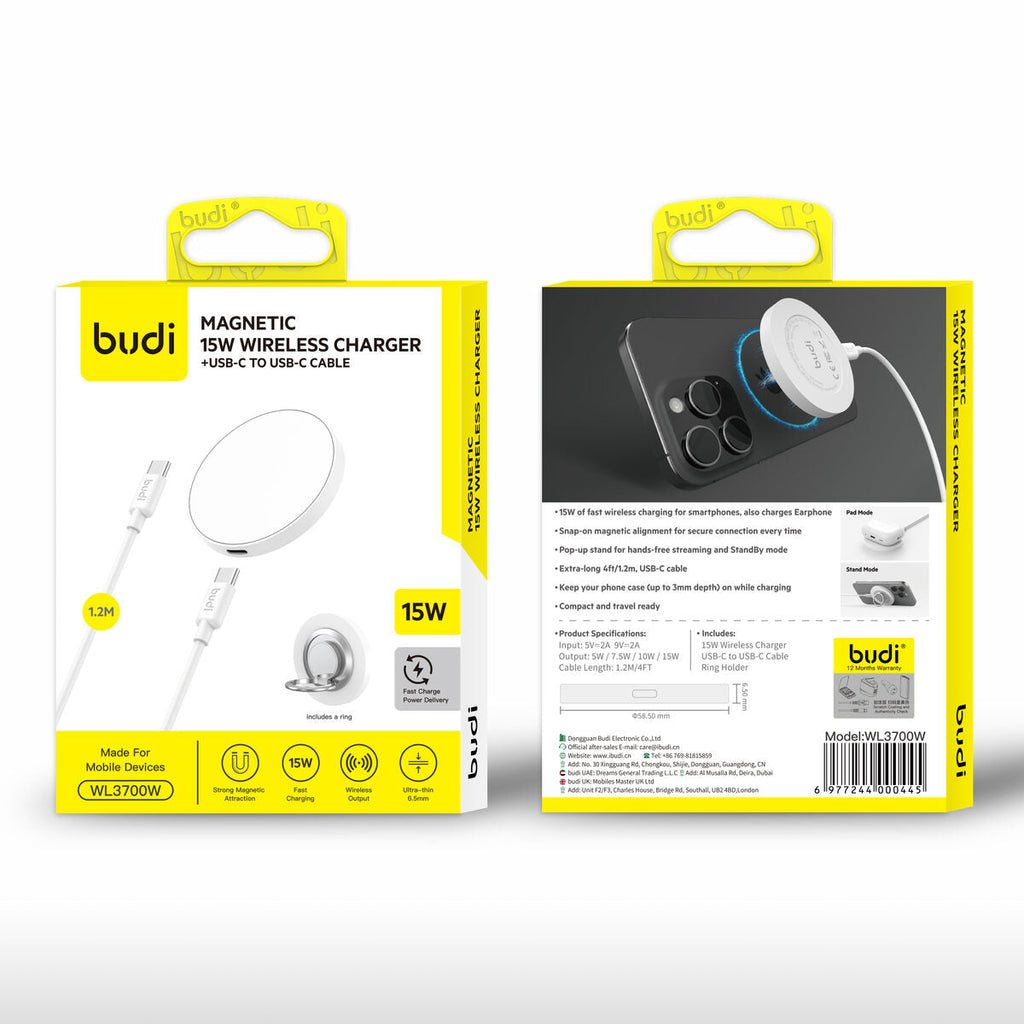 Budi WL3700W — Draadloze oplader USB-C naar USB-C, 15W, wit
