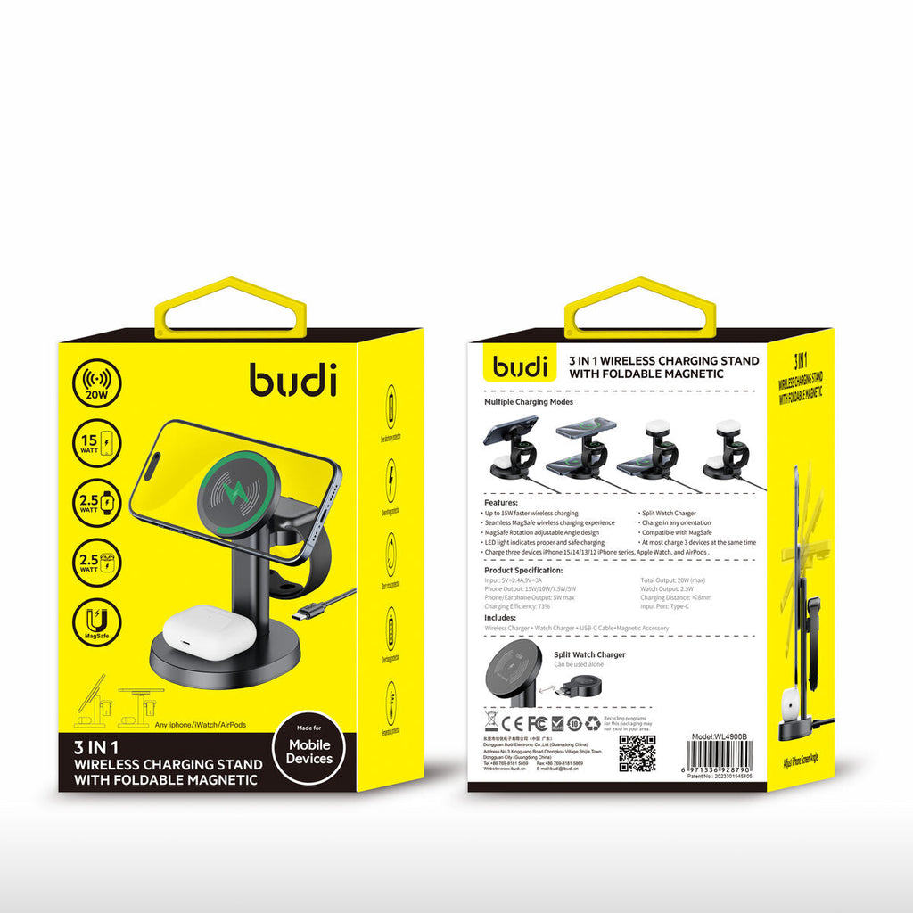 Budi WL4900B — Draadloze oplader 3-in-1, 20W, zwart