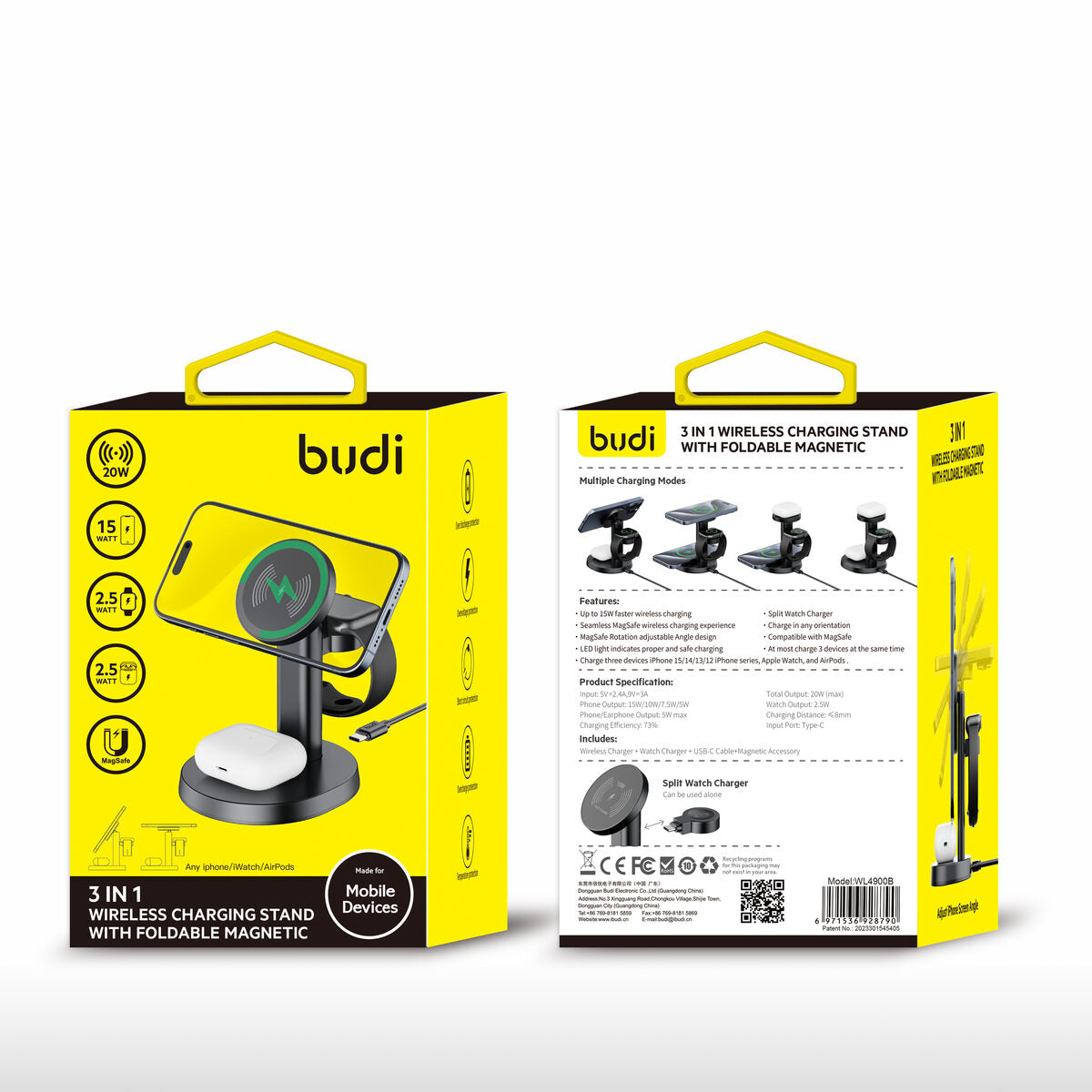Budi WL4900B — Draadloze oplader 3-in-1, 20W, zwart