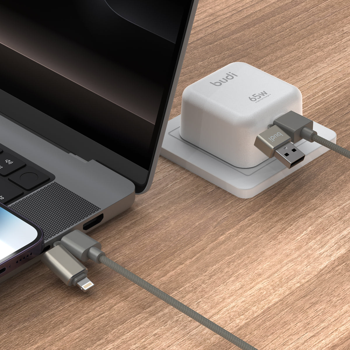 Budi 2-in-1 USB-A to USB-C + Lightning Cable, 1m, Gold (DC260ATTL10G)