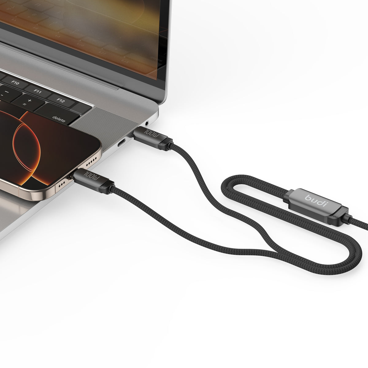 Budi 2-in-1 Charging Cable, 100W, 1.2m, Black (DC266TTT12B)