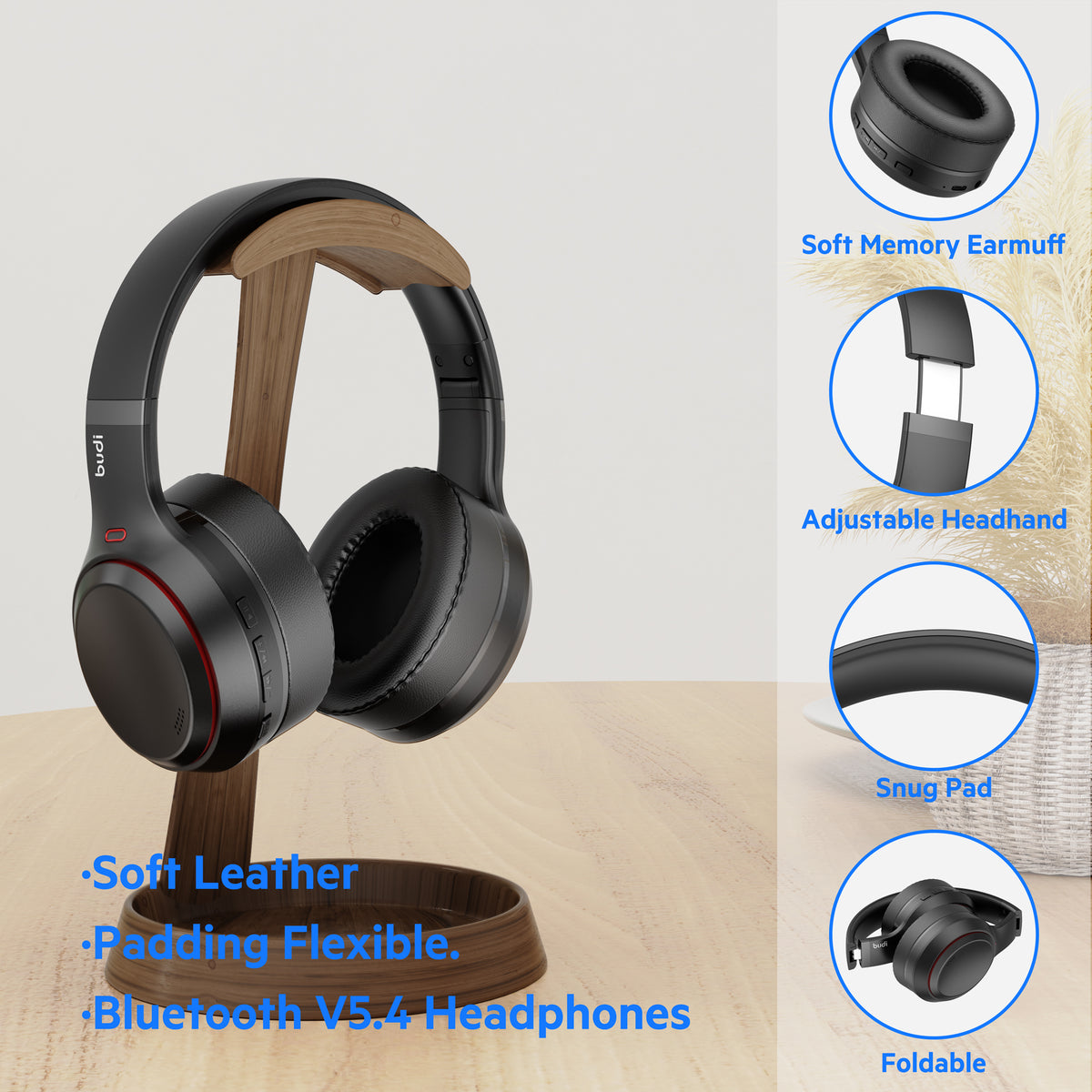 Budi Wireless Over-Ear Headphones, Black (EP52B)