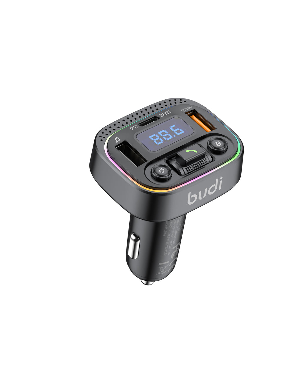 Budi Car Charger with FM Transmitter, 20W, Black (CCT05B)