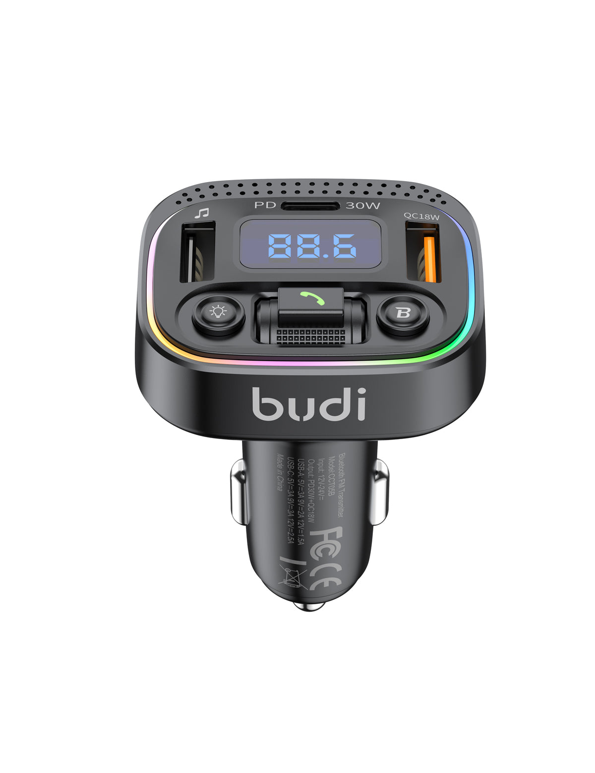 Budi Car Charger with FM Transmitter, 20W, Black (CCT05B)
