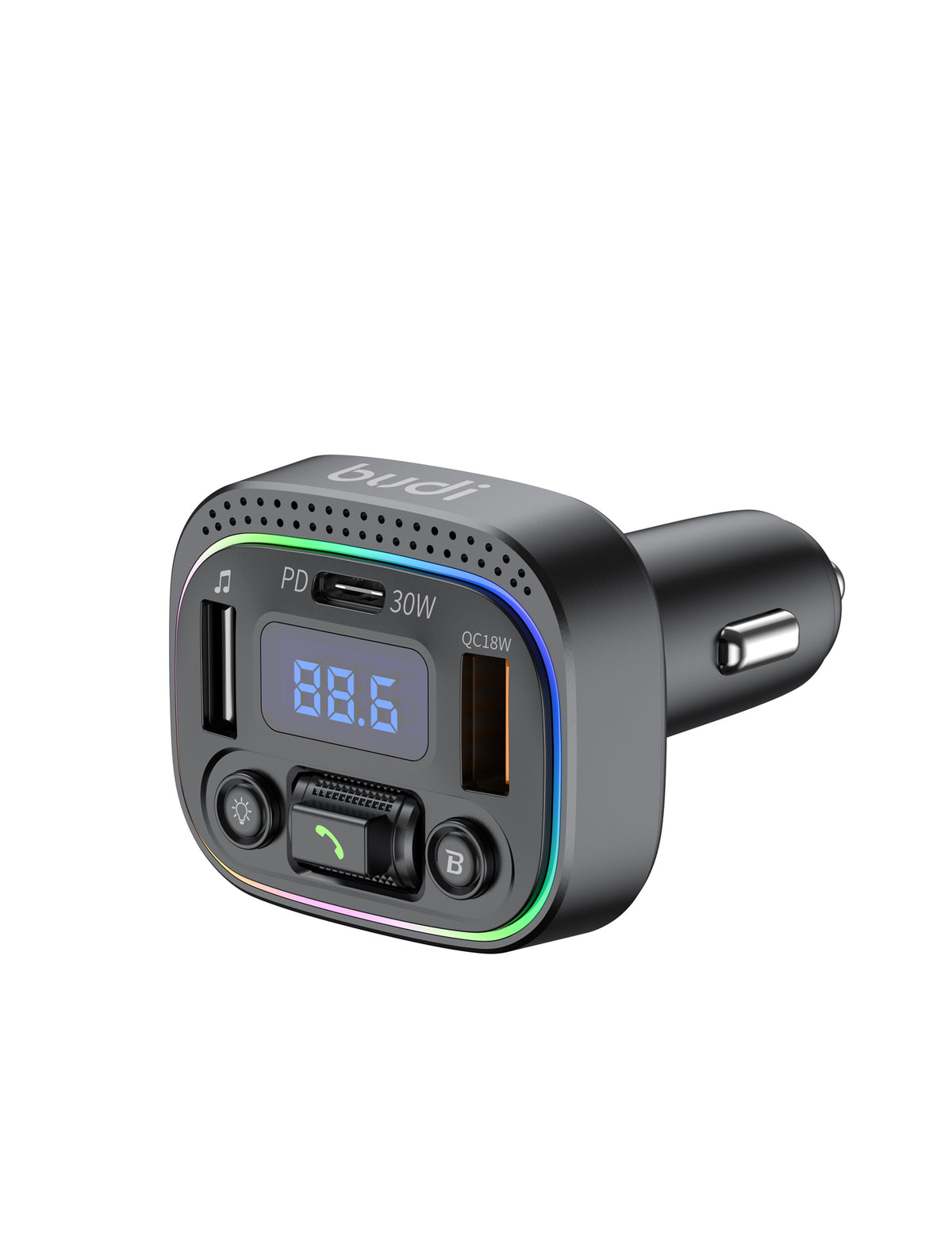 Budi Car Charger with FM Transmitter, 20W, Black (CCT05B)