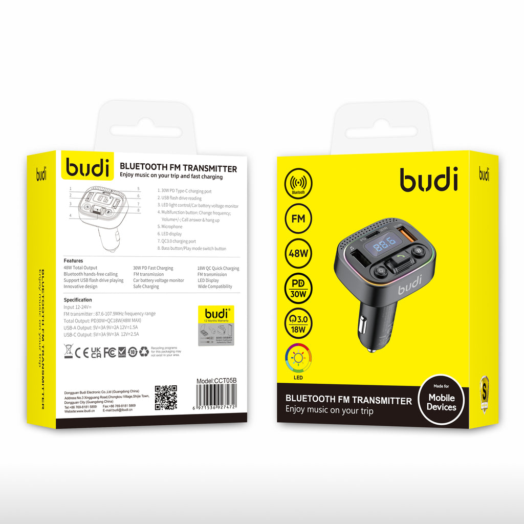 Budi Car Charger with FM Transmitter, 20W, Black (CCT05B)